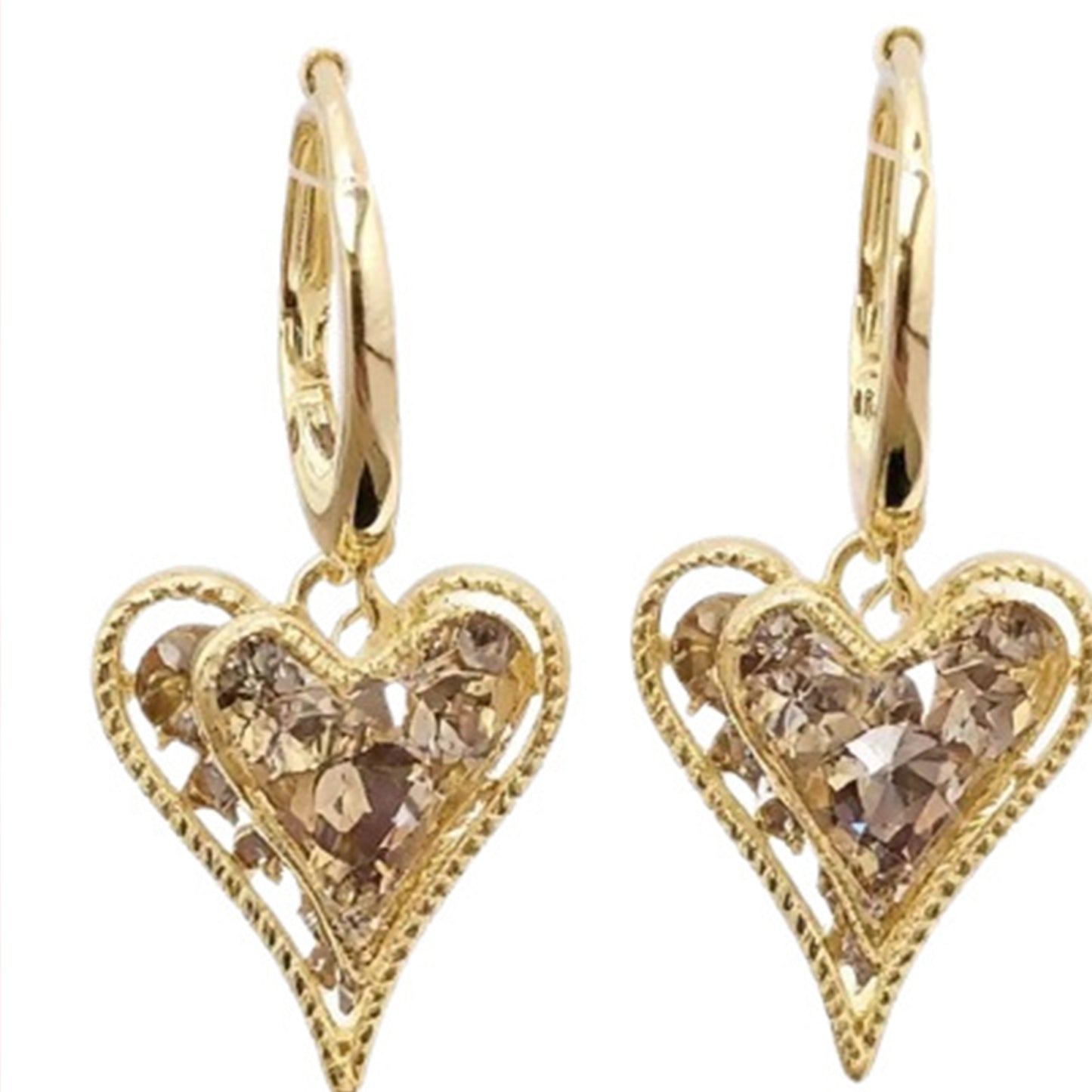 Women's Flash Coffee Color Diamond Double Layer Hollow Heart-shaped High Sense Earrings