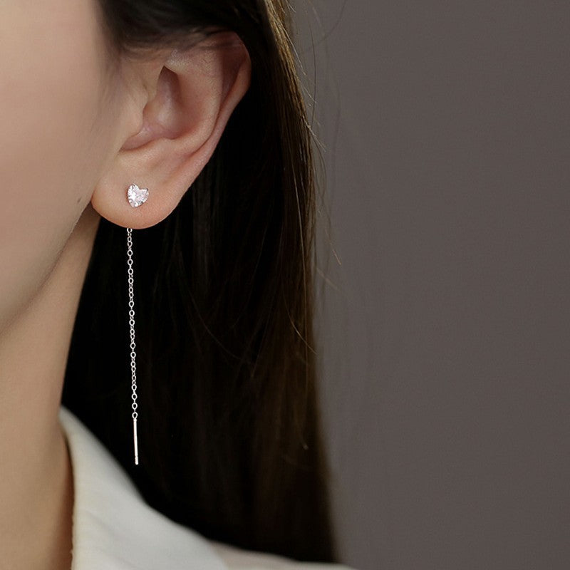 Women's Art Selection Simple High-grade Style Loving Heart Zircon Heart-shaped Cube Ear Line
