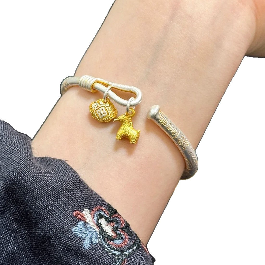 Safety Lock Chinese Style Gold Words Horse Female Plated Sterling Bracelet