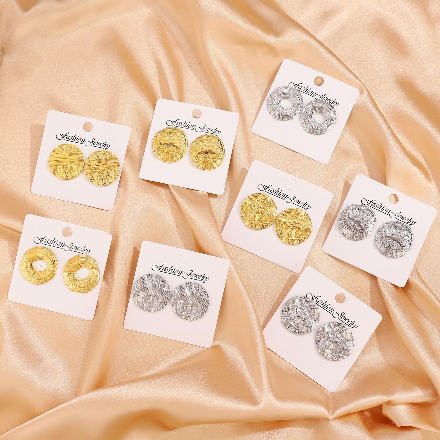 Retro Stainless Steel Round Pleated Pattern Vein Gold Earrings