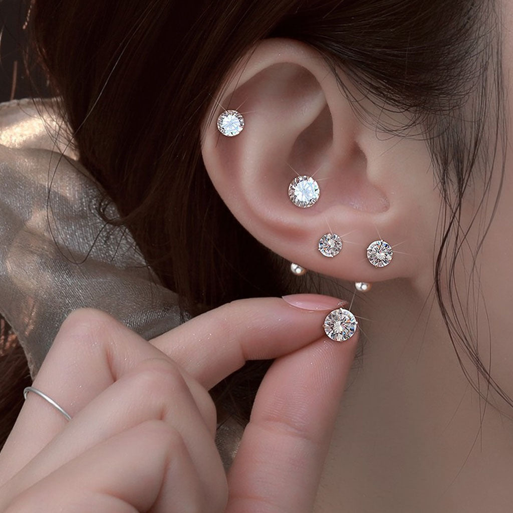 Steel Super Flash Round Zircon Bulb Stopper Stud Earrings