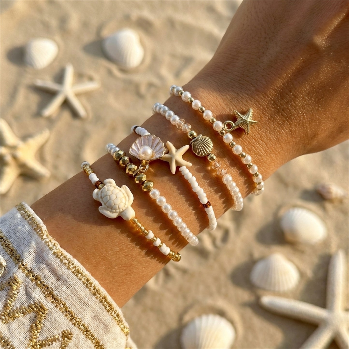 Style Starfish Shell Pearl Vacation Turtle Fishtail Beaded Bracelet