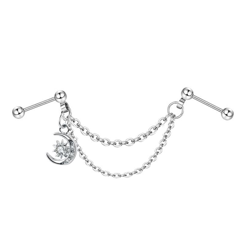 Ball Fashion Piercing Stainless Steel Chain Zircon Moon Heart-shaped Ear Earrings