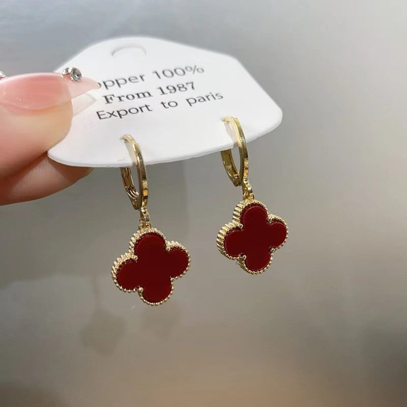Sier-plated Korean Style Clip Clover Exquisite Versatile High Earrings