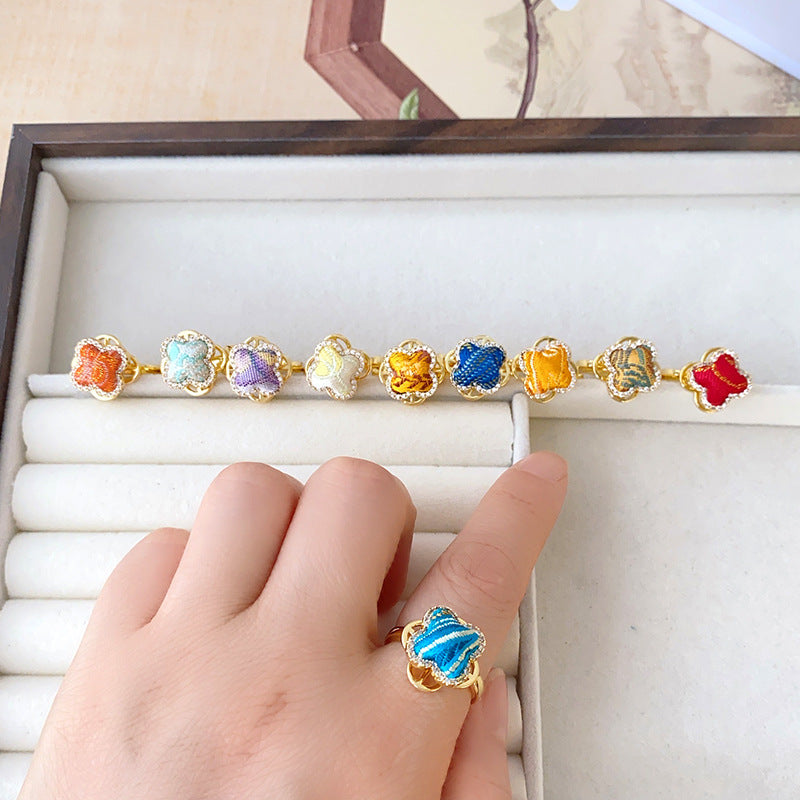 Style Song Dynasty Brocade Clover Rotatable Finished Delicate Rhinestone Copper Rings