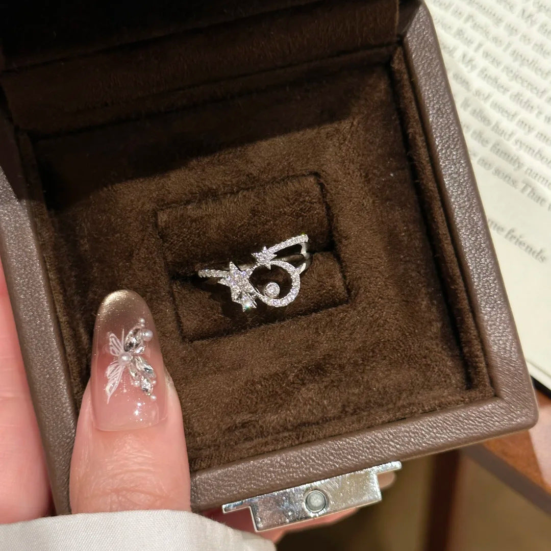 Diamond Star Moon Simple Daily Twin Open Female Ring