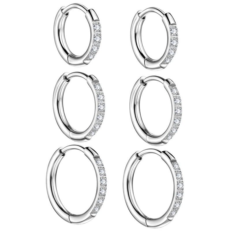 Stainless Steel Ring-shaped Zircon Titanium Inlaid Ear Clip Earrings