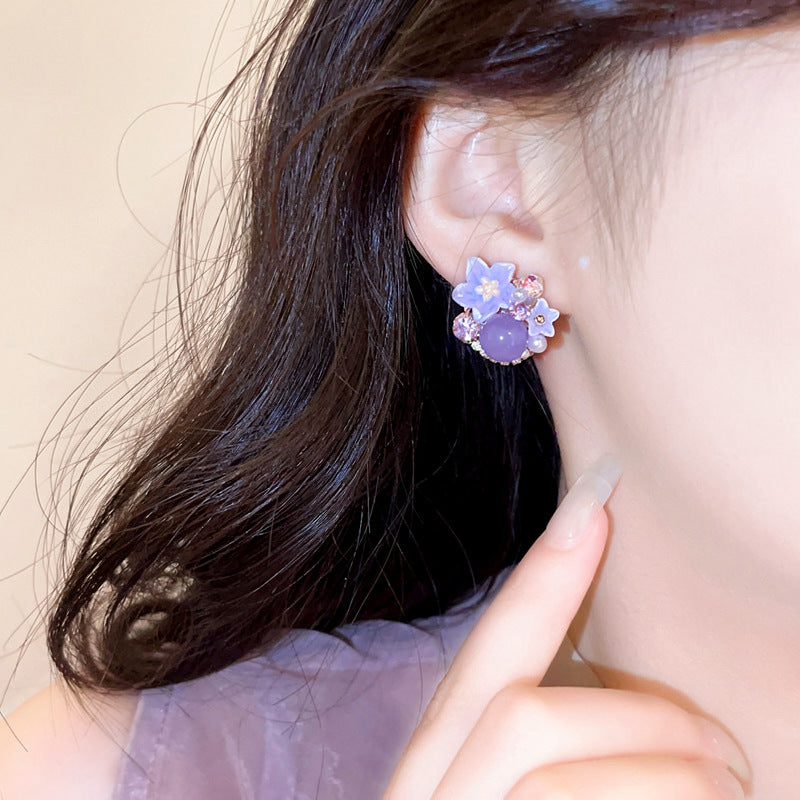 Women's Purple Crystal Flower High-grade Light Luxury Stud Earrings