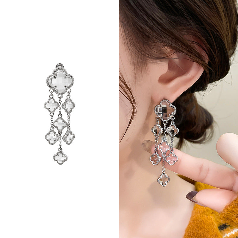 Gold Electroplated Glass Flower Tassel Retro Light Luxury Earrings