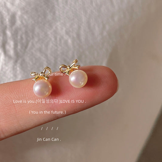 Pearl Sier Needle Plated Bow Fresh Earrings