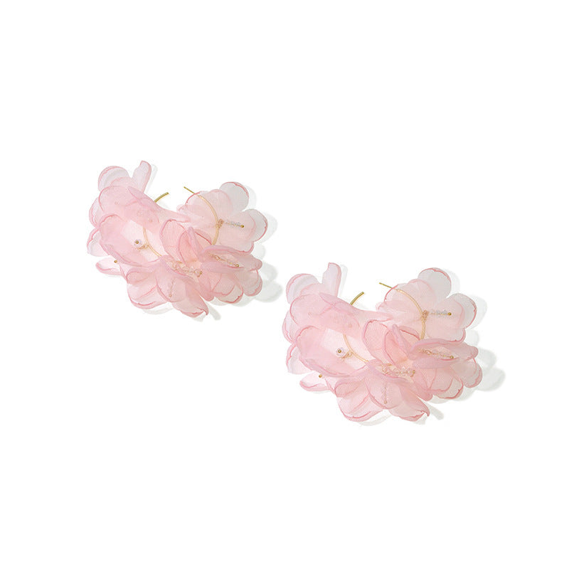 Exaggerated Net Yarn Flowers Female Circle Temperamental Everyday Earrings