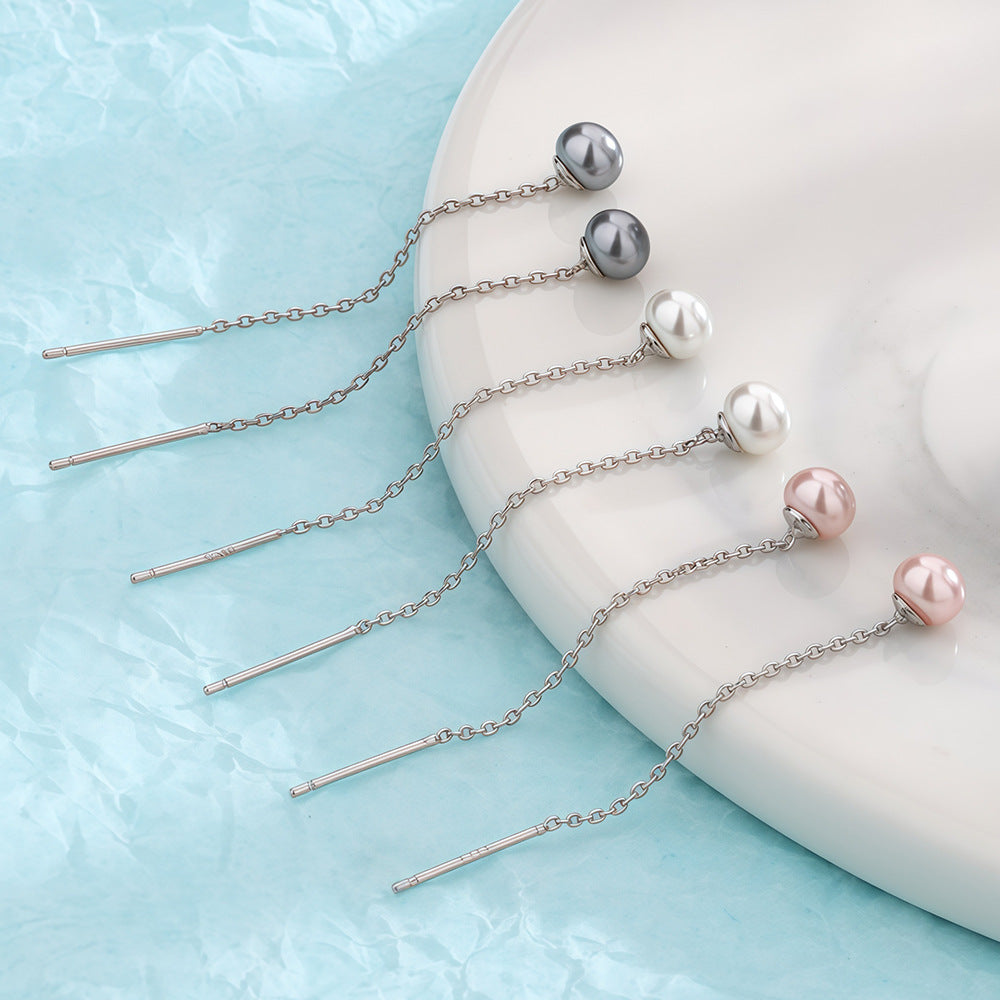 Pearl Long Slimming Girlish Style Pink Round Beads Chain French Ear Line