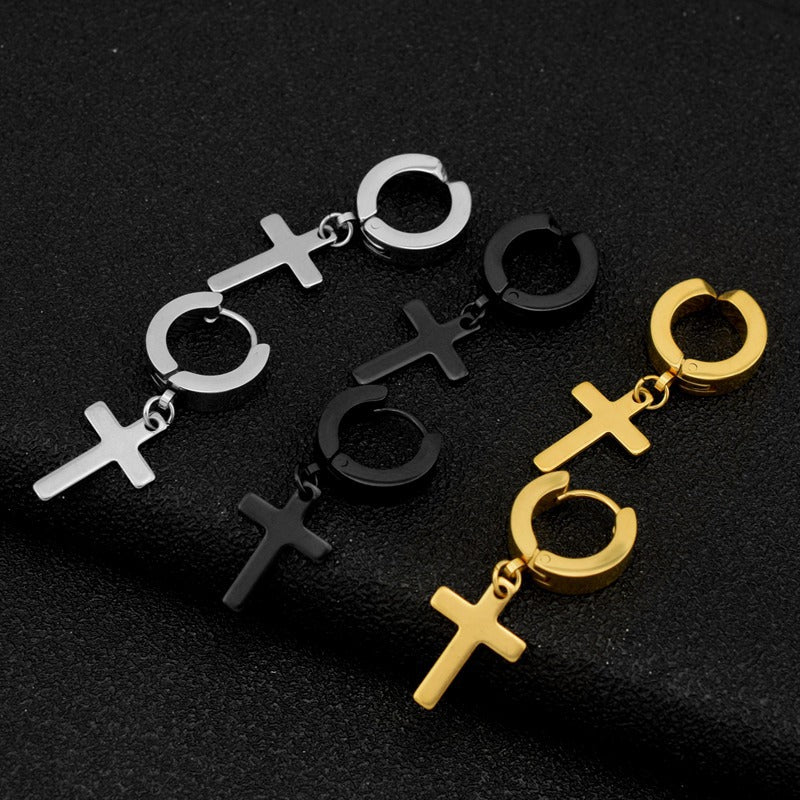 Round Flat Cross Diamond Titanium Steel Ear Rings