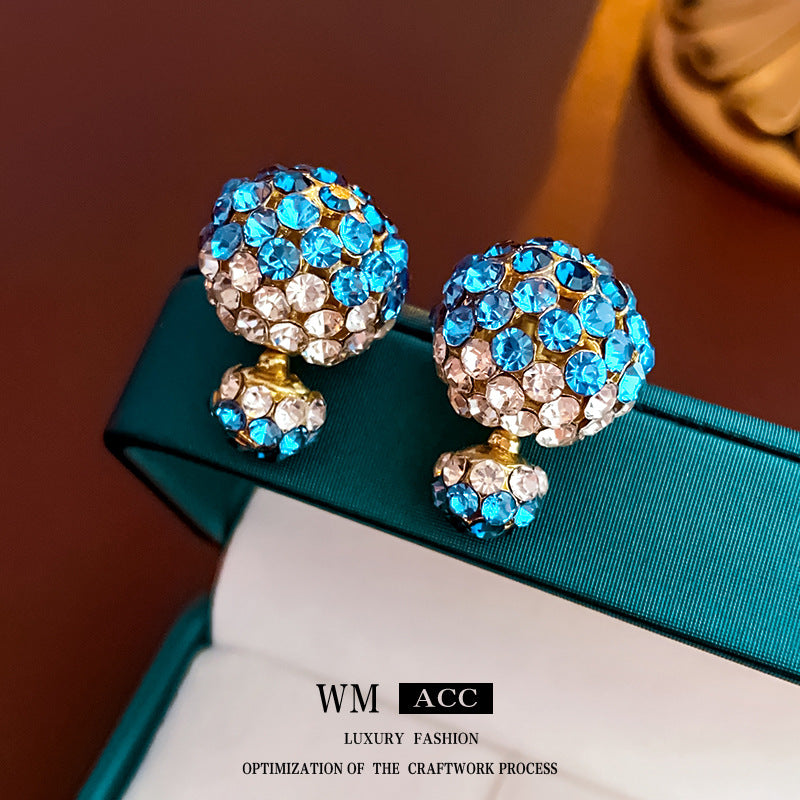 Women's Needle Blue Diamond Round Front Rear Two-way Exquisite Fashion Light Earrings