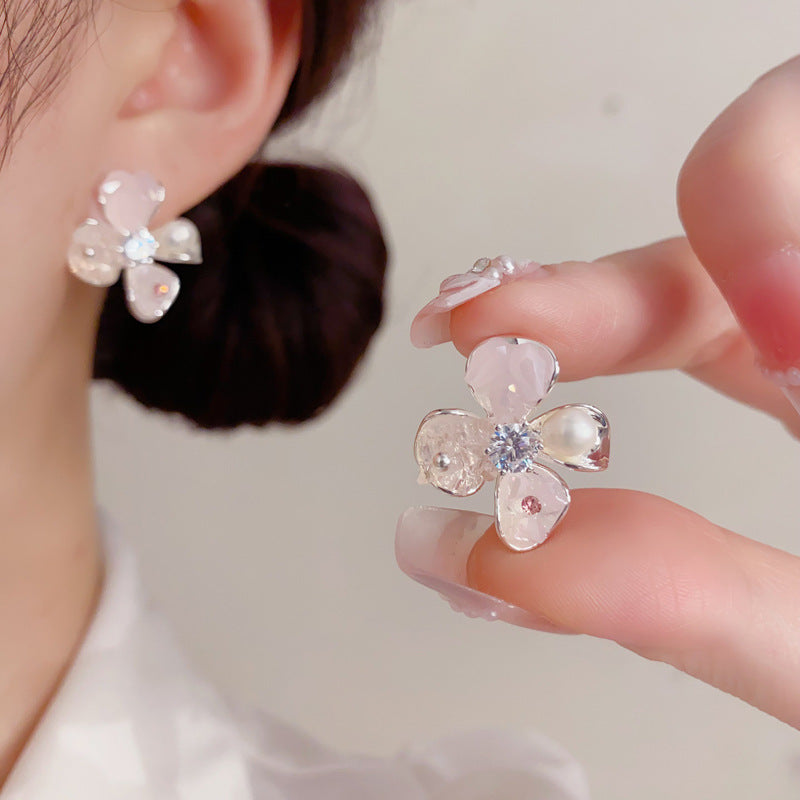 Fashion Simple Thick Sier Crystal Freshwater Pearl Earrings