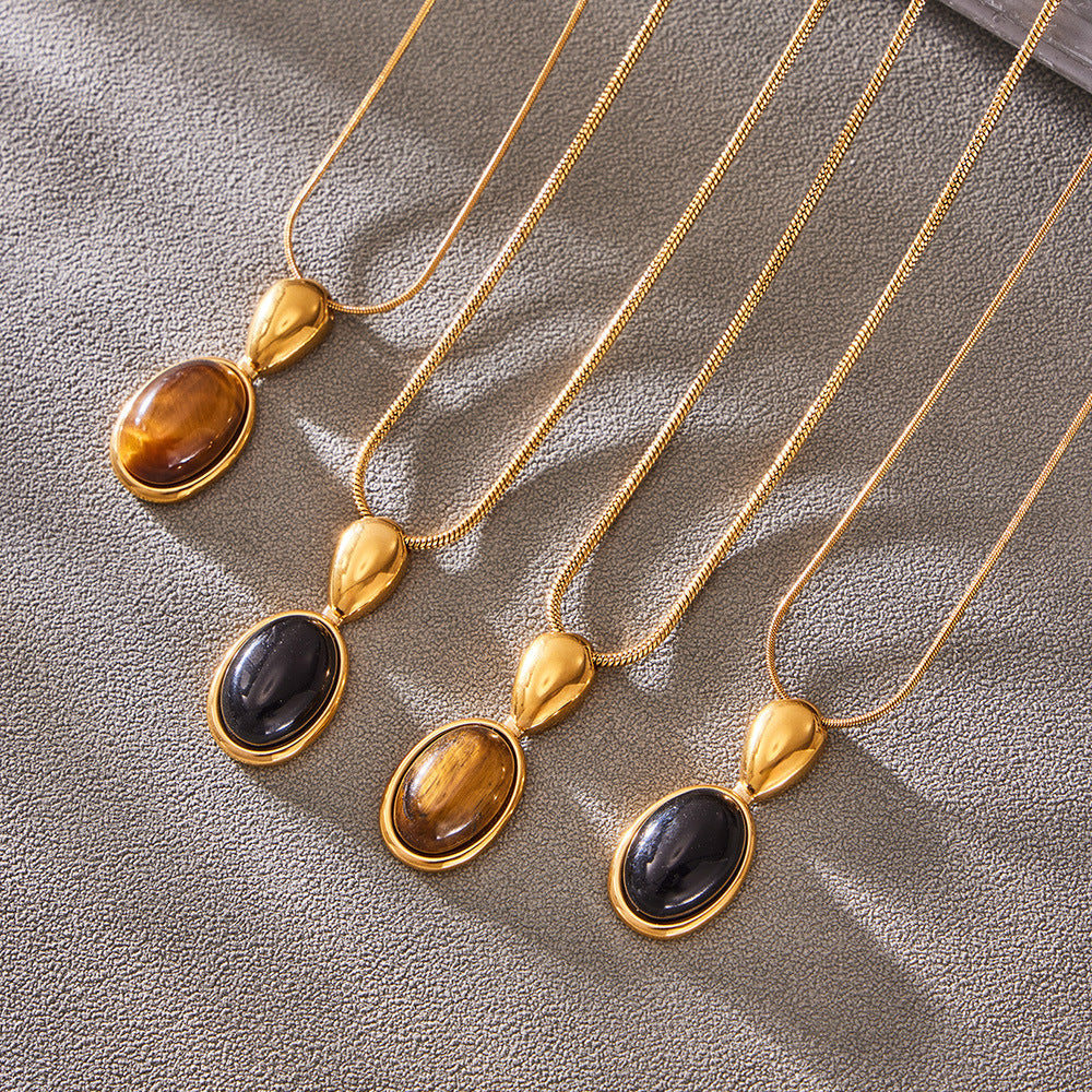 French Retro Oval Tigereye Black Agate Stone Stainless Steel Necklace