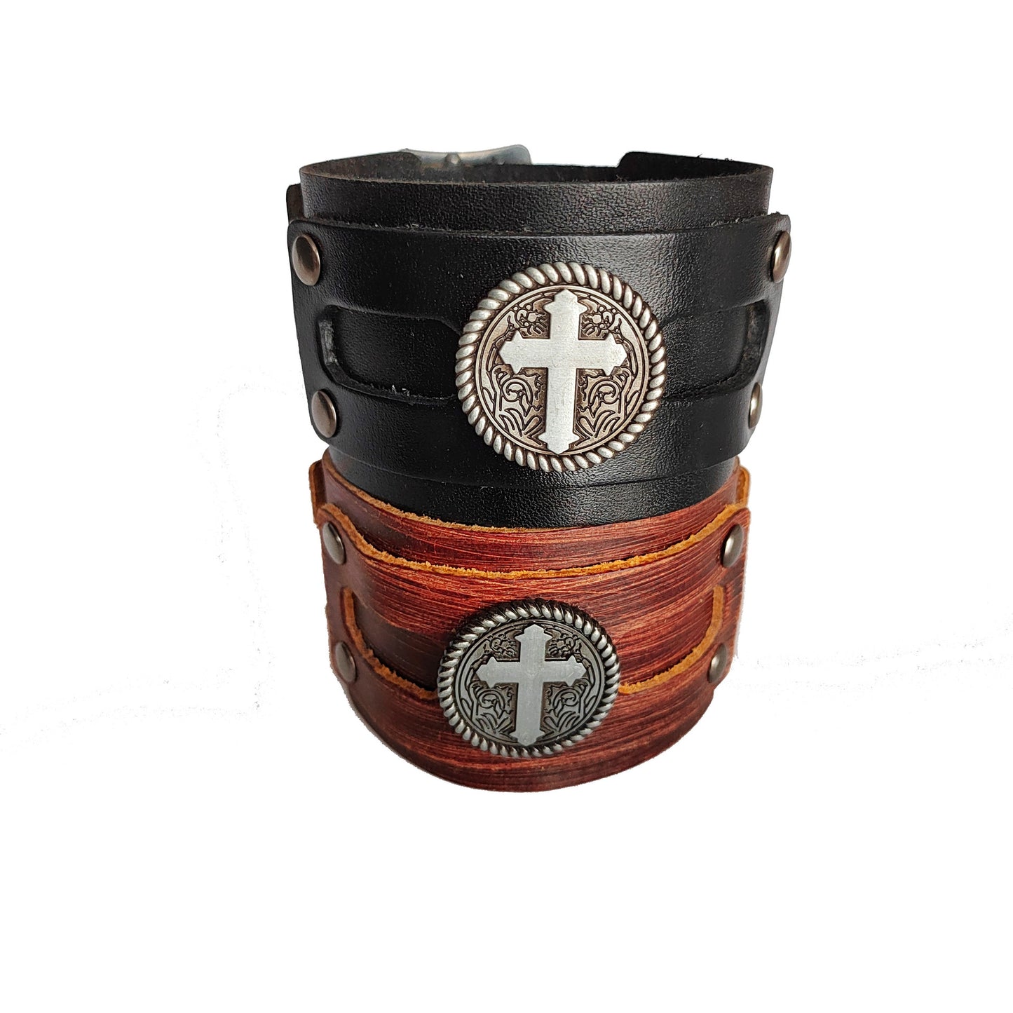 Men's Popular Punk Cattle Leather Cross Wide Bracelets