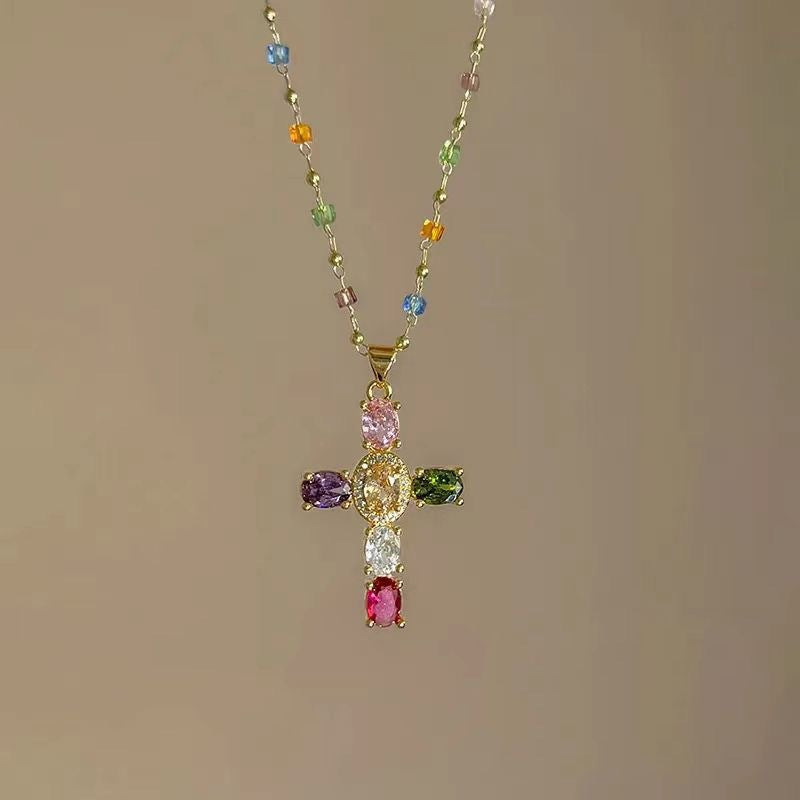 Color Cross Contrast Crystal Female Niche Design Necklace