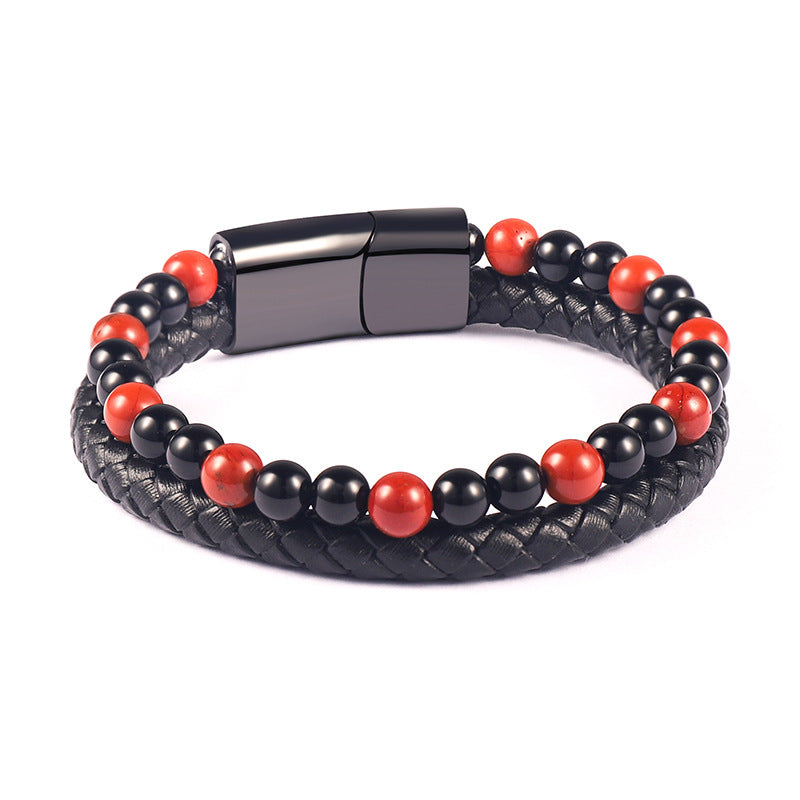 Men's Tiger Eye Beaded Genuine Leather Alloy Cowhide Bracelet
