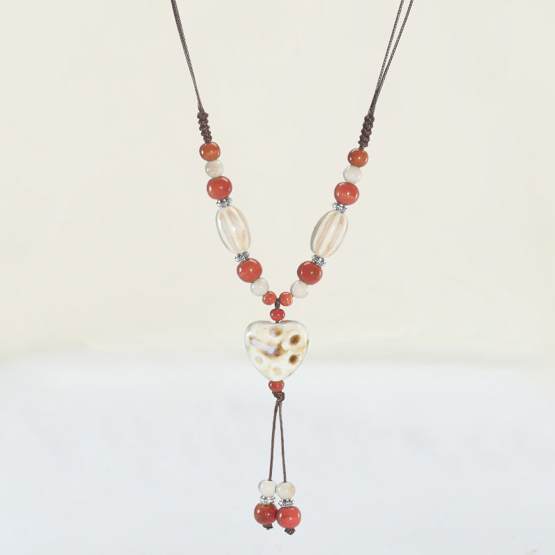 Women's Ethnic Style Love Sweater Chain Long Hand-woven Adjustable Peach Heart Necklace