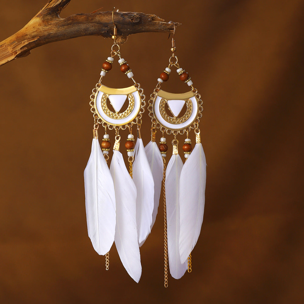Semicircle Feather Popular Long Bead Chain Tassel Ethnic Rings