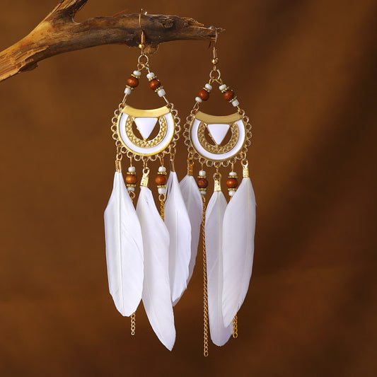 Semicircle Feather Popular Long Bead Chain Tassel Ethnic Rings