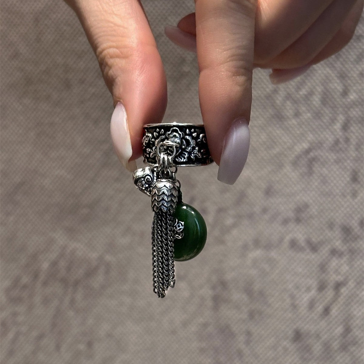 Chinese Retro Jasper Peace Buckle Female Tassel Ring
