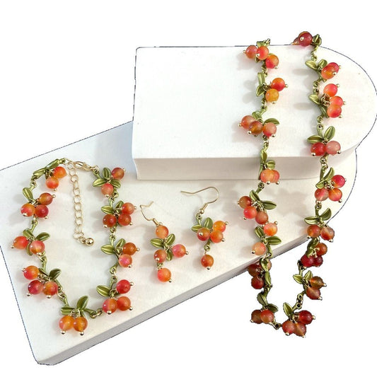 Retro French Mori Style Plant Paint Flower Berry Cranberry Jewelry Set