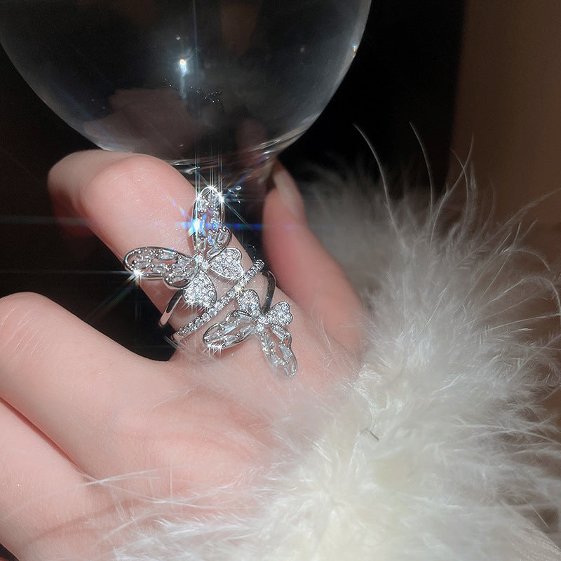 Women's Shining Diamond Snake-shaped Sier Open Advanced Texture Simple Trendy Cool Ring
