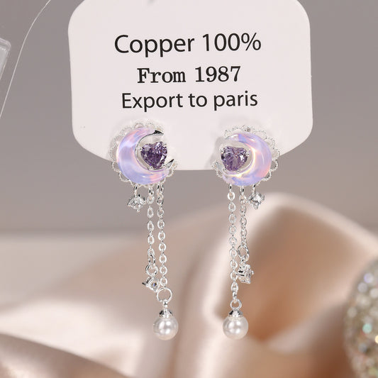 Women's Star Ear Sterling Sier Vintage Mori Style Zircon Niche Moonstone Stud Earrings