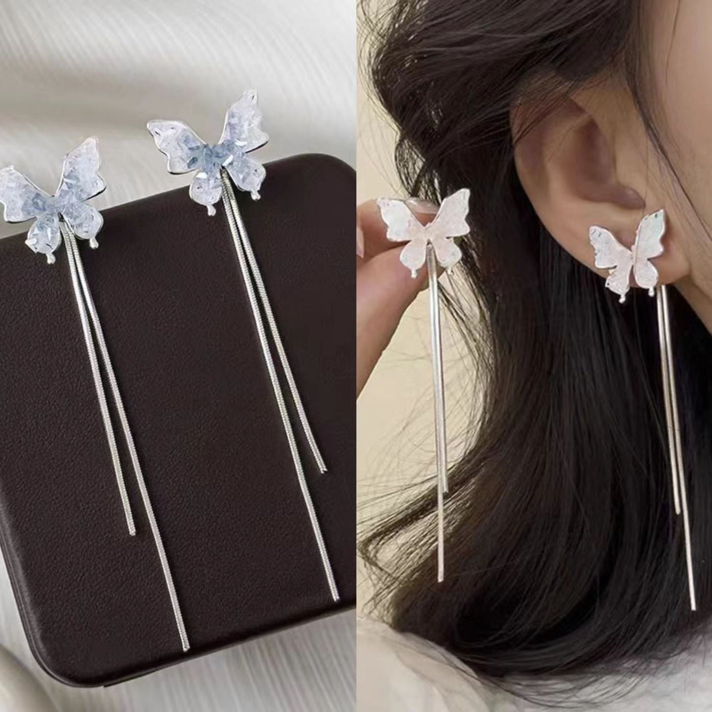 Pink Color Crystal Butterfly To Make Round Face Ear Stud Earrings
