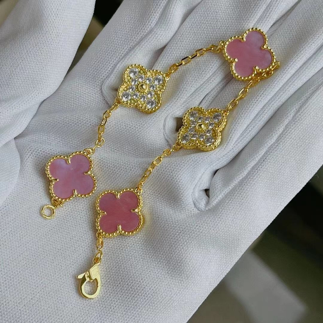 Women's Four-leaf Clover Rose Gold Red Agate Black White Shell Flower Bracelet