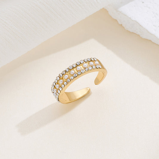 Real Gold Plating Micro Inlaid Pearls Female Open Index Finger Ring