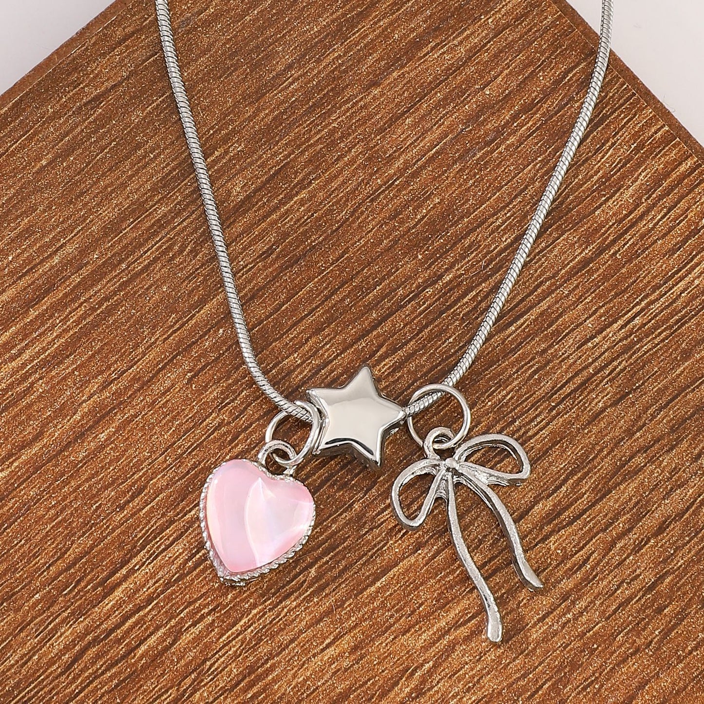 Bow Heart Pink Diamond Female Sweet Simple Niche Snake Bones Necklace