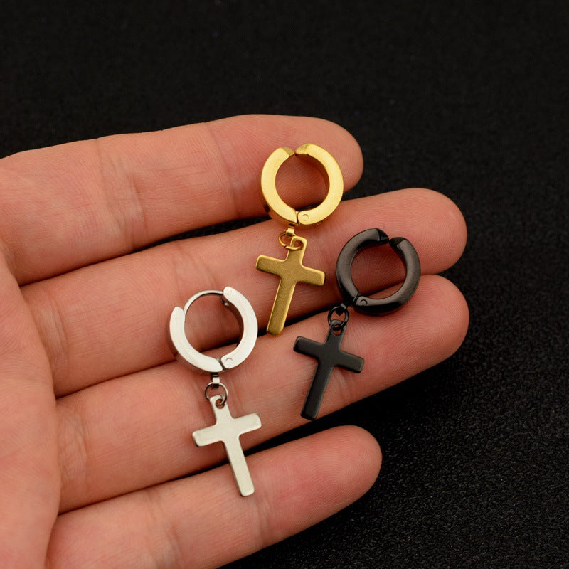 Round Flat Cross Diamond Titanium Steel Ear Rings