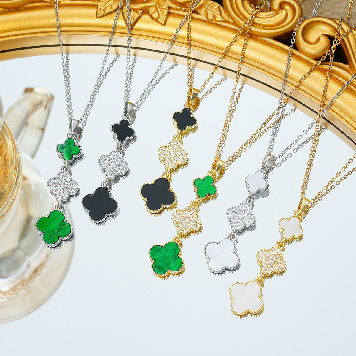 Women's Steel Triple Double-sided Clover Full Diamond Clavicle Chain Light Luxury Necklaces