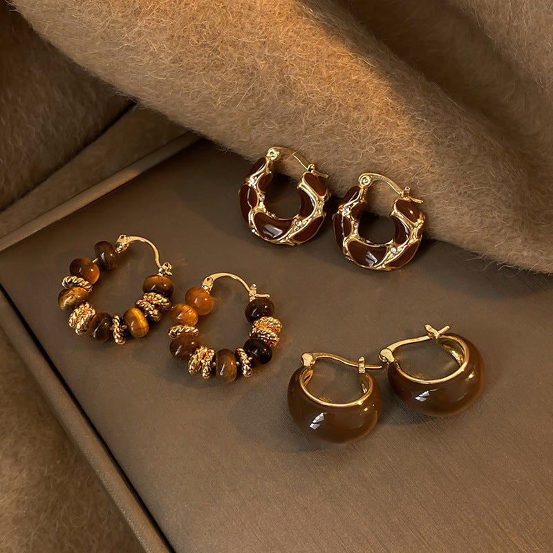 Electroplated Artificial Tigereye Clip Retro Fashion High Sense Light Rings