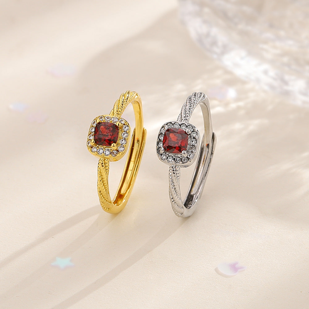 Square Red Zircon Cube Sugar Affordable Luxury Style Twist Female Ring