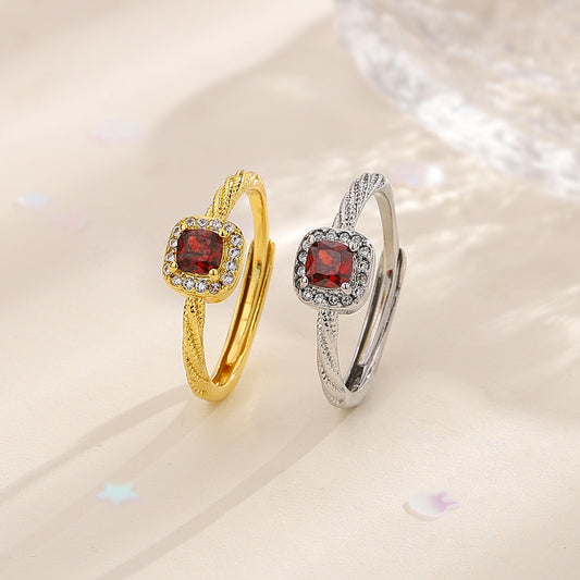Square Red Zircon Cube Sugar Affordable Luxury Style Twist Female Ring