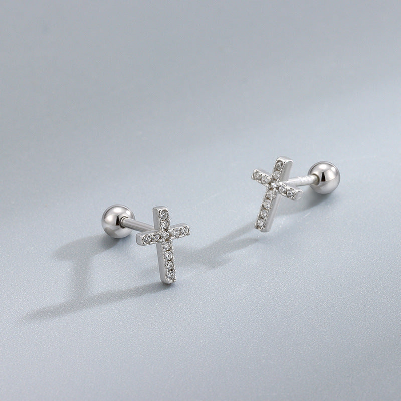 Women's Sterling Sier Cross Screw Needle Earplugs Ear Personalized Earrings