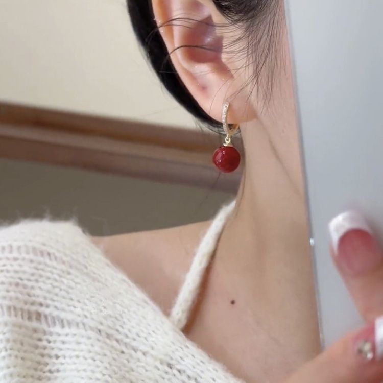 Sense Red Pearl Sier Needle Exquisite Versatile Earrings