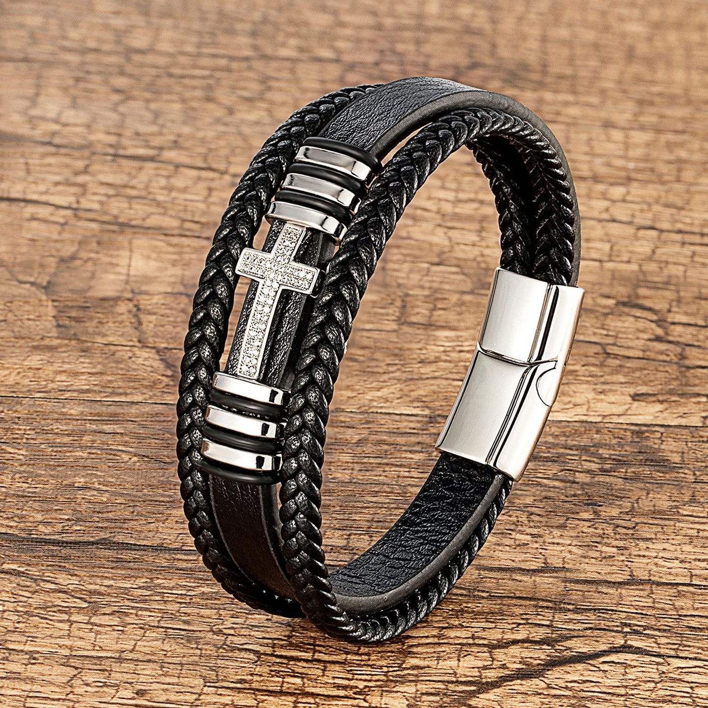 Women's & Men's Metal Cross Leather Vintage Inlaid Zircon Ethnic Bracelets