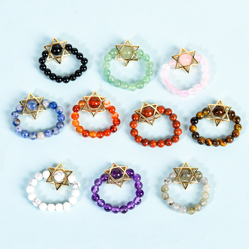 Natural Crystal Stone Round Beads Six-pointed Star Jade Handmade Rings