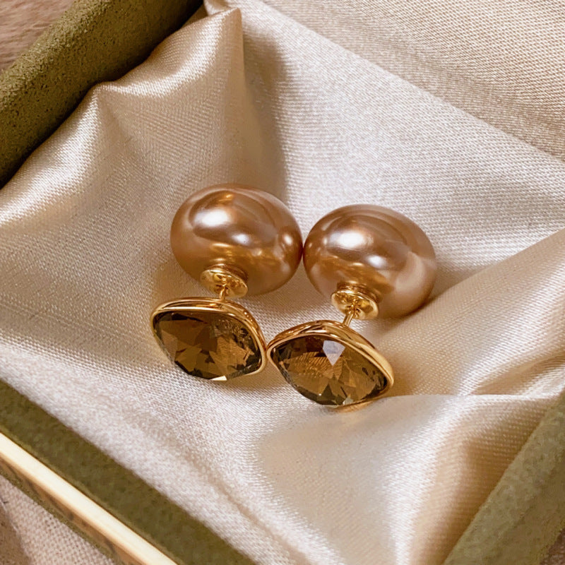Style Double-sided Champagne Square Diamond Pearl Stud Earrings
