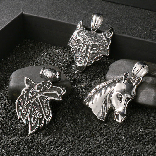 Men's King Horse Accessories Retro Viking Double Wolf Head Pendants