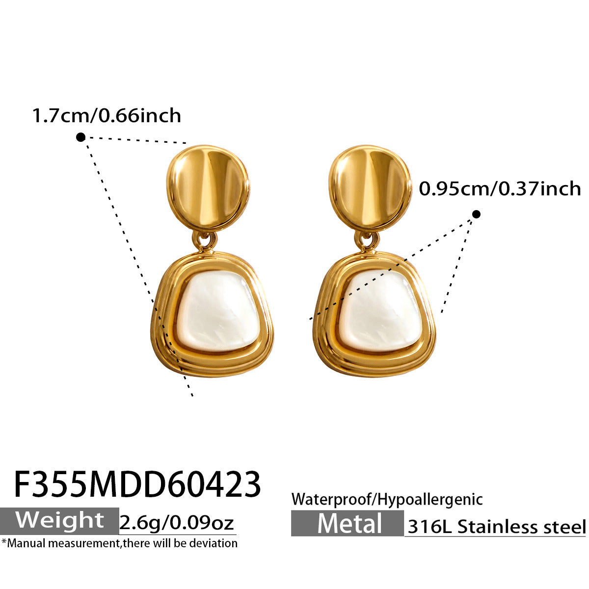 Women's Thick Gold Plated Retro Natural Fritillary Square Stainless Steel Niche Earrings