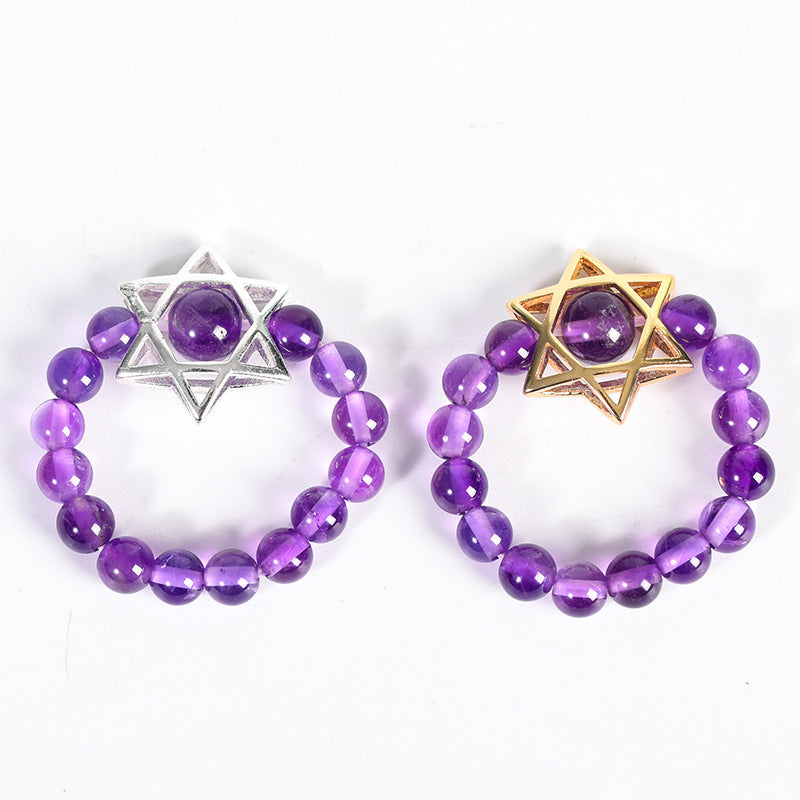 Natural Crystal Stone Round Beads Six-pointed Star Jade Handmade Rings