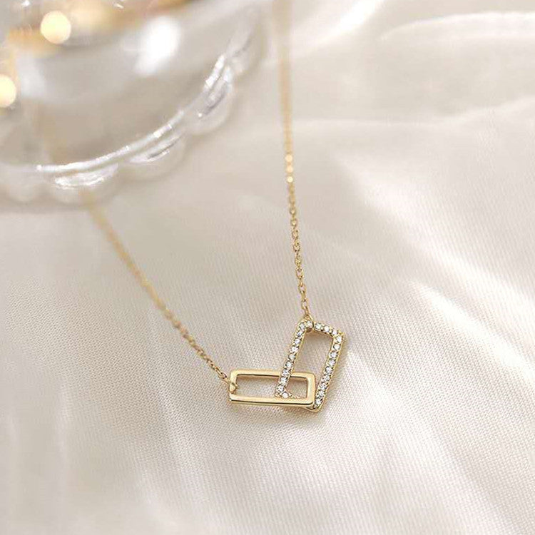 Women's Double Square Niche Geometric Rectangular Jeweled Simple Elegant Stitching Necklaces