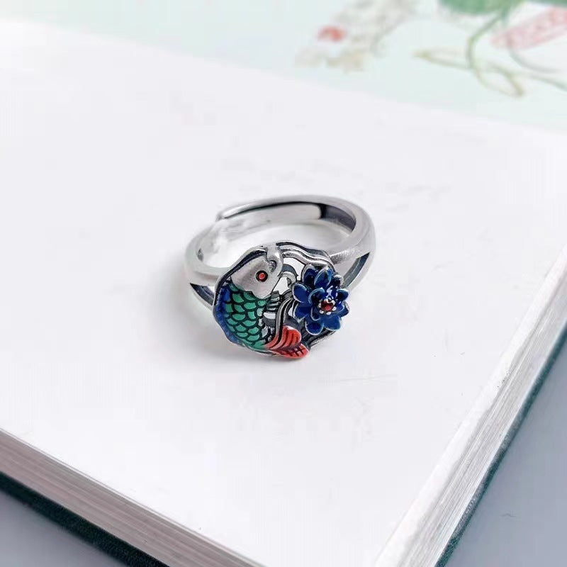 Enamel Color Auspicious Gradient Lucky Koi Chinese Ring