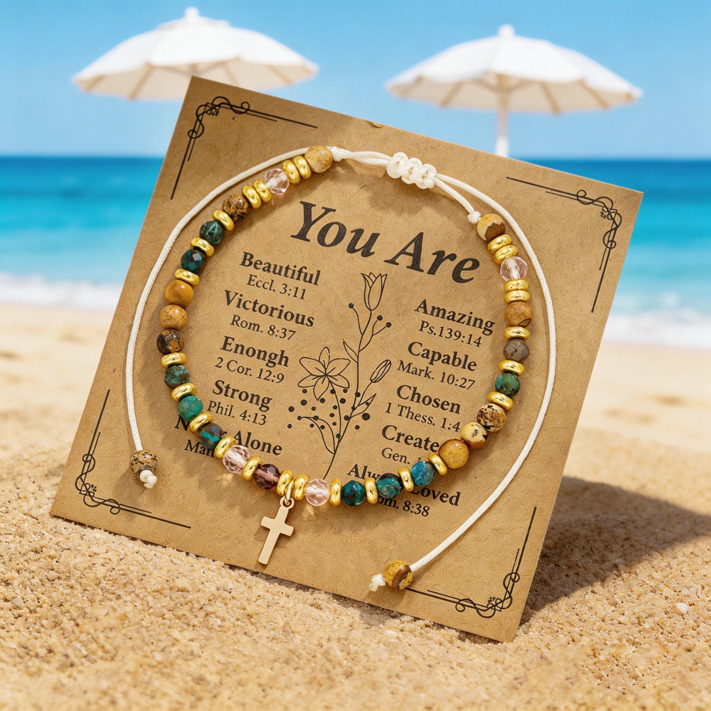 Women's Portia Vacation Style Copper Cross Natural Stone Beaded Adjustable Card Bracelets
